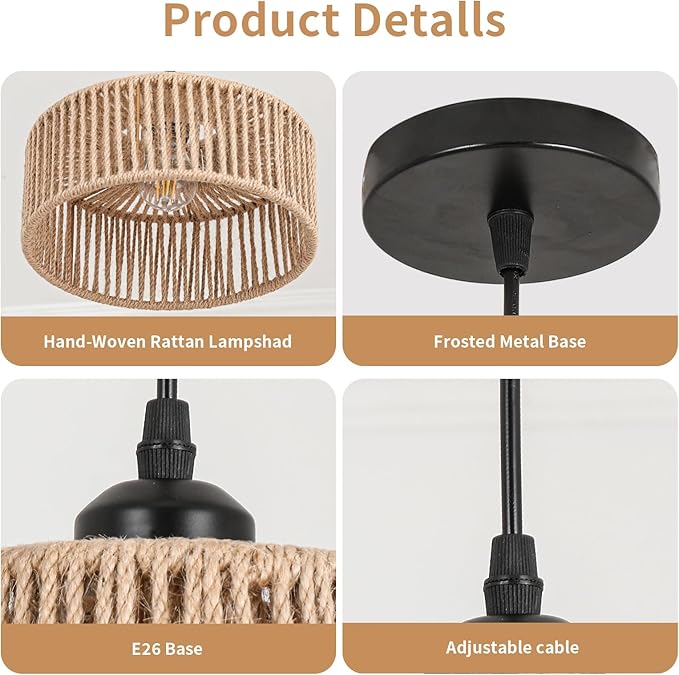 2 Pack Rattan Pendant Light,11 Inch Boho Kitchen Island light Fixtures,Handmade Woven Hanging Lamp,Small Wicker Chandelier,Basket Hanging Light for Bedroom Kitchen Living Room Restaurant Hallway Foyer
