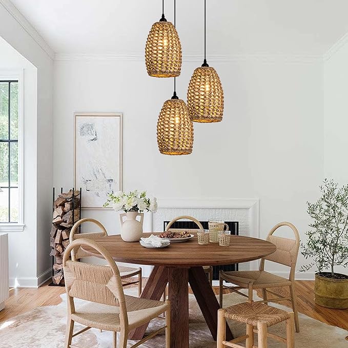 Mini Rattan Pendant Light Fixtures,7.09" Boho Pendant Light,3-Pack Hand Woven Seagrass Rattan Chandelier for Dining Living Bedroom Kitchen Farmhouse
