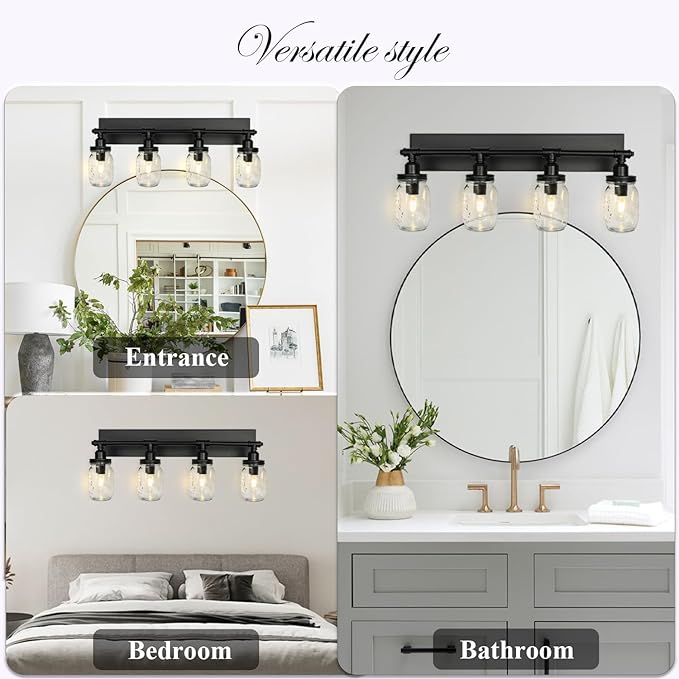 Bathroom Wall Light Fixtures, Industrial Mason Jar Vanity Light, Wall Sconce with Black Finish(4 Light)