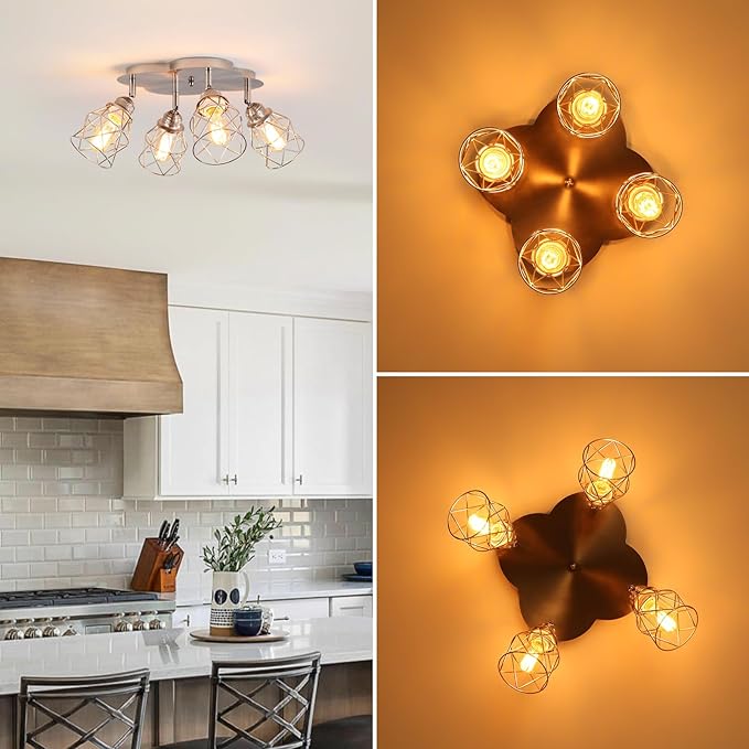 Kitchen Light Fixtures Ceiling Mount, Adjustable Semi Flush Mount Ceiling Light, Multi-Directional Lamp for Kitchen, Hallway, Dining Room, Farmhouse with E26 Base (Brushed Nickel 4-Light)