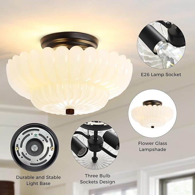 Semi Flush Mount Ceiling Light Fixture Vinatge Black Ceiling Lights Mid Century Modern Milk White Glass Close to Ceiling Lighting Fixtures for Bedroom Hallway Foyer Bathroom Kitchen Laundry Room