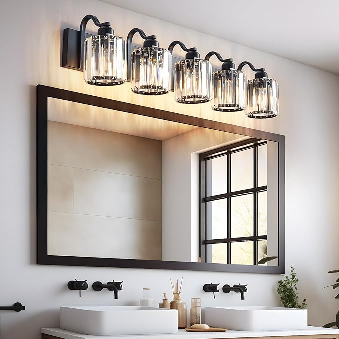 Crystal Vanity Light Black 5 Lights Modern Bathroom Vanity Lighting Fixtures with Crystal Round Shade Over Mirror (Exclude Bulb)