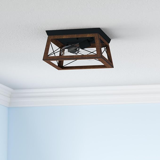 Pia Ricco Farmhouse Flush Mount Ceiling Light Fixture, Outdoor Porch Ceiling Lights, Rustic Industrial Style Square Close to Ceiling Light for Entry, Hallway, Kitchen, Patio, 2-Light, Brown