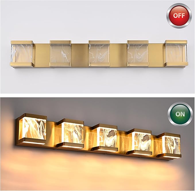 MELUCEE LED Bathroom Lighting Fixtures Over Mirror 25W 3000K Warm Lighting, 5 Lights Brass LED Vanity Lighting Bar with Unique Smoke Acrylic Panel, Wall Sconces for Bath Powder Room Entryway