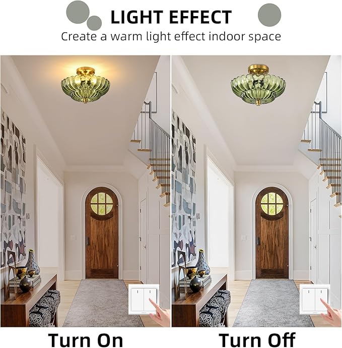 Semi Flush Mount Ceiling Light, 11.8 Inch Gold Vintage Hallway Light Fixture with Green Glass, Close to Ceiling Light for Bedroom Kitchen Living Room Bathroom Foyer, E26 Base
