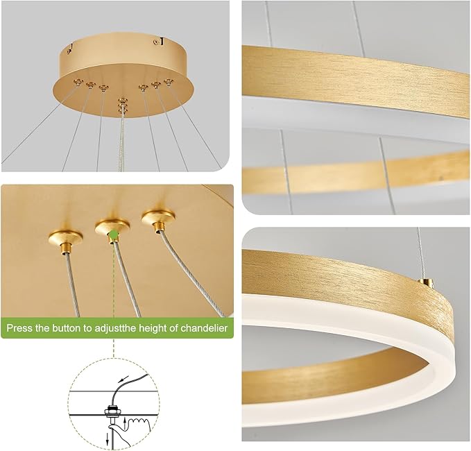 Benkut D31.5 Modern LED Chandelier Gold Dimmable 3 Ring Pendant Light for Dining Room, Kitchen Chandelier Circular with Remote Control Flush Mount High Ceiling Light for Living Room, 3000K-6500K