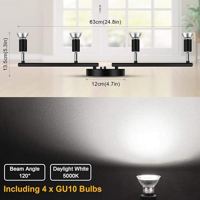 Ascher 4-Light LED Track Lighting Kit, Flexibly Rotatable Light Heads, 4 Way Ceiling Spotlight Black Finish, Including 4 GU10 LED Bulbs (4W 400LM Daylight White 5000K)