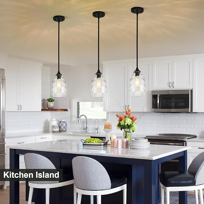 Glass Pendant Lights Kitchen Island, 6.3in Small Modern Black Pendant Light Fixtures with Hammered Clear Glass, Hanging Lighting for Kitchen Over Sink Dining Room Bedroom