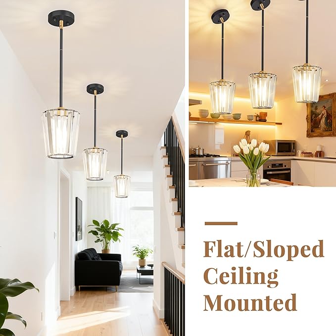 Crystal Pendant Lights Kitchen Island 3 Pack, Modern Black Gold Pendant Light Fixtures Mini Adjustable Chandeliers for Kitchen Island Dinning Room Bedroom Hallway with E26 Base (Bulbs Not Included)