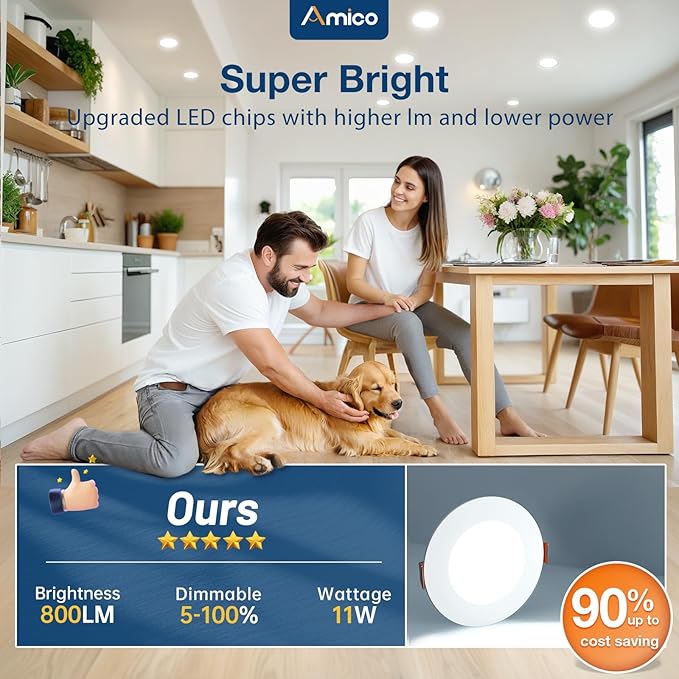 Amico 20 Pack 4 Inch 5CCT Ultra-Thin LED Recessed Ceiling Light with Junction Box, 2700K/3000K/4000K/5000K/6000K Selectable, 11W Eqv 70W, Dimmable Can-Killer Downlight, 800LM High Brightness - ETL&FCC