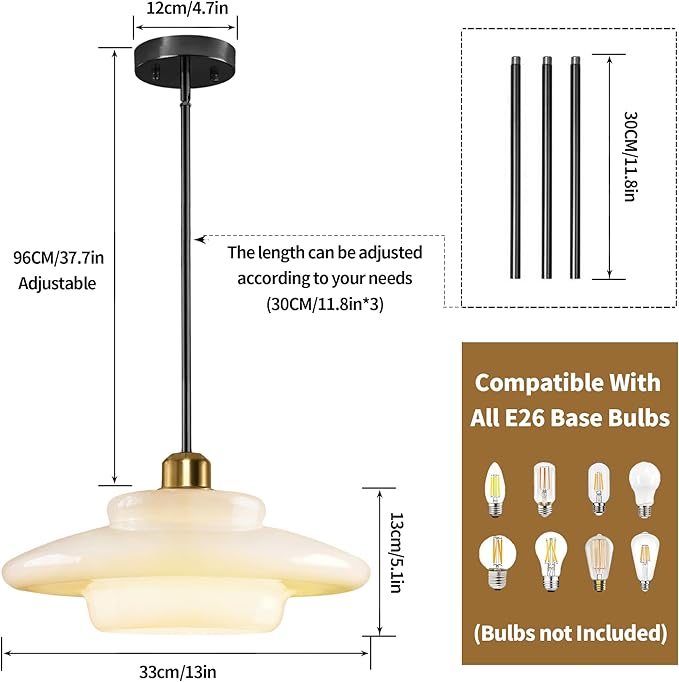 Pendant Lights Kitchen Island: Mid-Century Modern Hanging Light Fixture Entryway - Glass Pendant Lamp Dining Room (Black Rod)