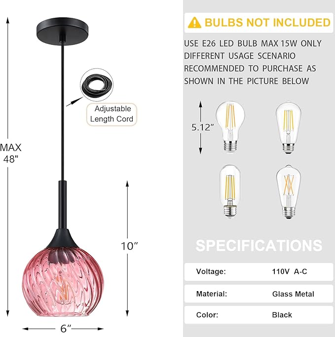 1 Light Pendant Ceiling Light Hanging Modern Farmhouse Indoor Fixture 6" Pink Textured Glass Black Finish Dinning Over Sink Kitchen Island