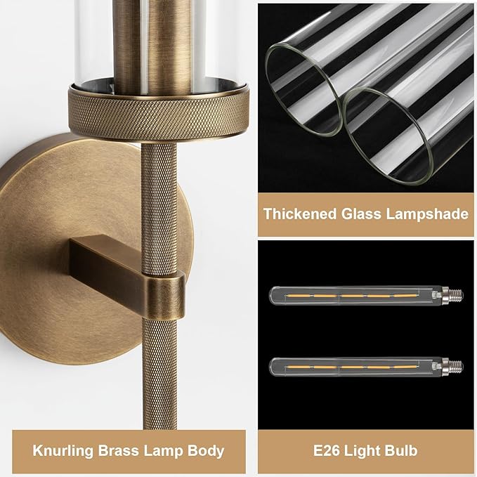 Bronze Wall Sconces Set of Two with White Lights, 19.5'' Brushed Brass Knurled Bathroom Sconces Wall Lighting Vanity Light with Clear Glass for Living Room Mirror Bedroom Stairs