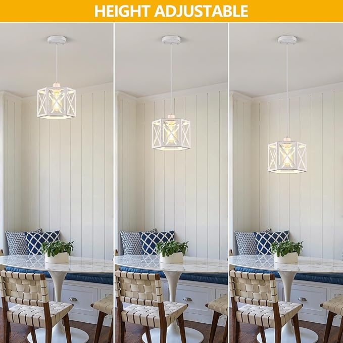 XSDeTu 2 Pack Pendant Lights for Kitchen Island, Modern Pendant Lighting with White Hexagonal Cage, Vintage Metal Ceiling Lights, Adjustable Lantern Hanging Light Fixture for Foyer Entryway Bedroom