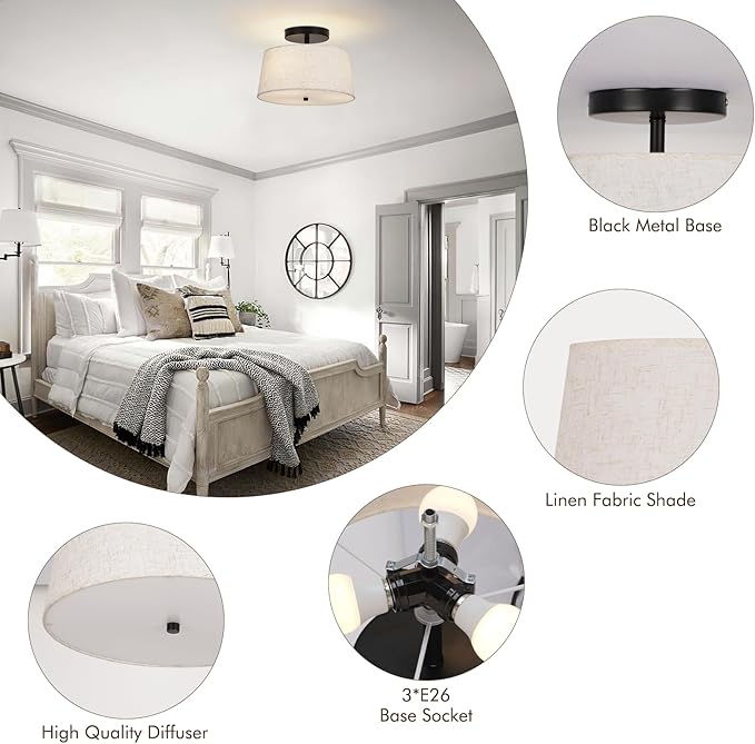 12.6" Light Fxitures Ceiling Mount,3 Light Semi Flush Mount Ceiling Light Fixture,Bedroom,Modern Close to with Linen Shade Drum Light for Living Room Kitchen Entryway lamp