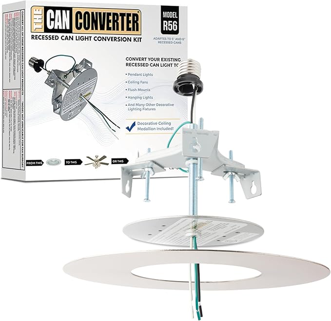 The Can Converter R56 Recessed Can Light Conversion Kit w/ 7"¾ Flat Ceiling Medallion - Home Improvement for 5" & 6" Cans, Converter Kit for Ceiling Fan & Light Fixture, UL Certified, Brushed Nickel