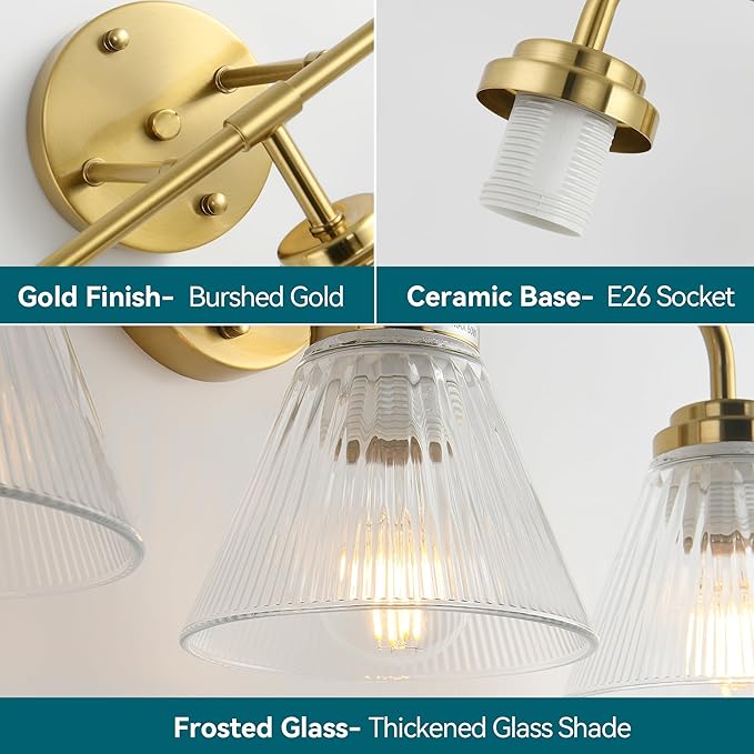 Modern Bronze Bathroom Vanity Light, 3-Light Wall Sconce with Clear Ribbed Glass Shades, Farmhouse Industrial Light Fixture for Bathroom, Vanity Mirror, Powder Room, Hallway (bronze, Eletroplate, 3)