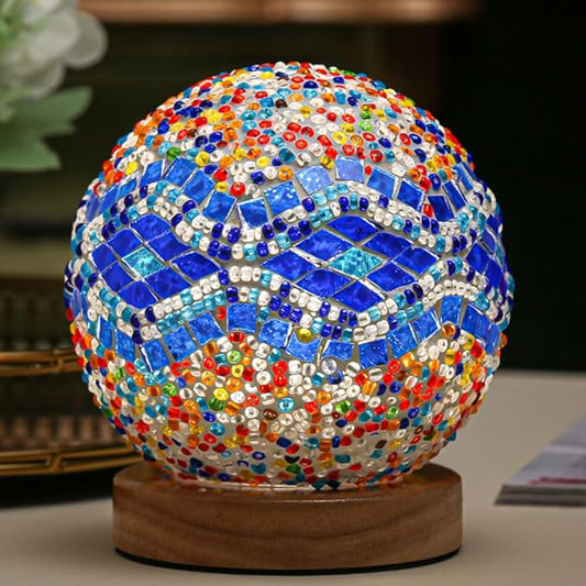 Turkish Table lamp (D:4.7" x H:5.2"),Mosaic Glass Lamps with Wooden Base, Bohemian Tiffany Bedside Lamps, USB Power Moroccan Lantern for Living Room Halloween Decorations (Baroque - Blue, Baroque)