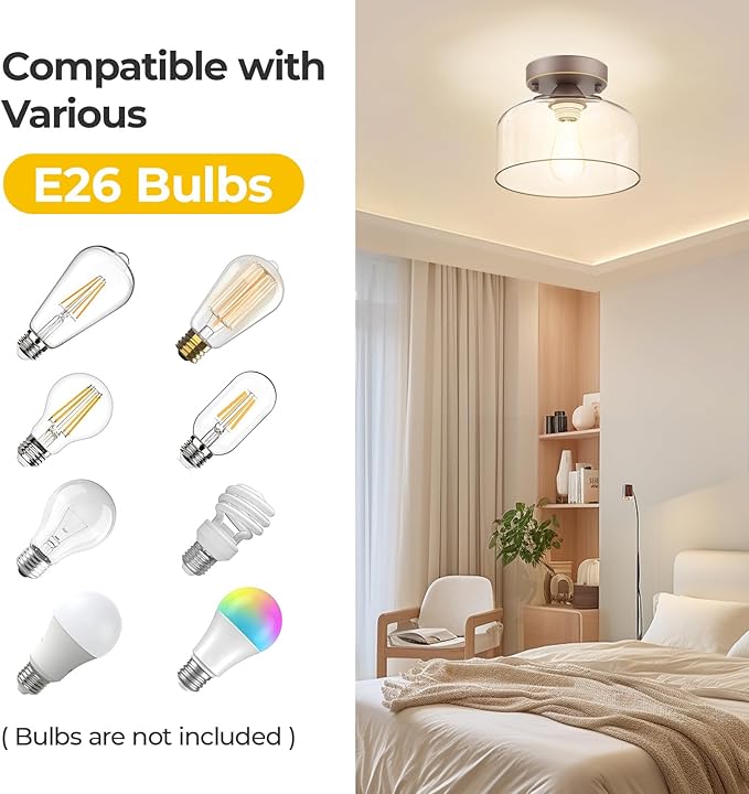 LACCEN Semi Flush Mount Ceiling Light Bronze, Clear Glass Pendant Lamp Shade, Modern Farmhouse Light Fixture for Hallway Corridor Kitchen Entryway Bedroom, Bulb Not Included