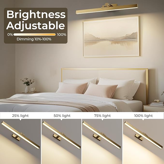 Afyuol Picture Lights for Wall, Brass Battery Operated Picture Light 24in Art Light CCT Dimmable Recharging Battery Wall Light with Remote Control for Living Room Gallery