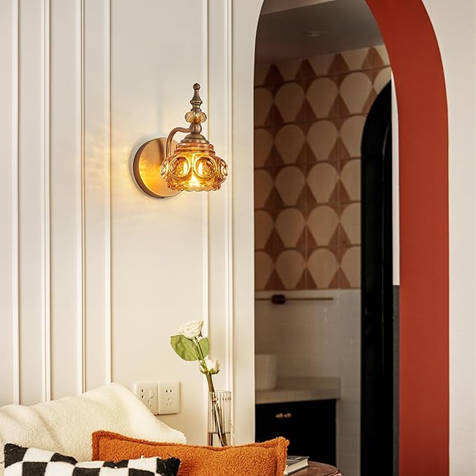Vintage Wall Sconces with Amber Rose Glass Lampshade Bathroom Sconces Modern Wall Lighting Fixture for Bedside Bedroom Doorway