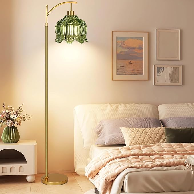 QIYIZM Green Floor Lamp for Living Room,Bedroom,Gold Dimmable Standing Lamp with Remote,Mid Century Modern Brass Tall Lamp Boho Floor Lamps Arc Vintage Glass Flower Floor Light Lamp Girls Bohemian