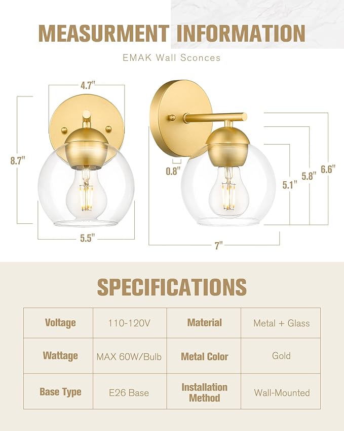 Emak 2 Light Bathroom Vanity Light, Modern Gold Wall Sconce with Clear Glass Shade, Globe Wall Lights for Living Room, Pictures, Bedroom, Bathroom, Hallway, WS114-GD-2PK