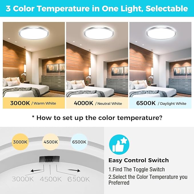 zemty 2Pack LED Ceiling Light Fixture, 6.5-Inch 12W 1200lm Small Flush Mount Light, Adjustable 3000K 4000K 6500K Color Temperatures, Round Flat Recessed Lamp for Kitchen Closet Hallway Laundry, Nickel