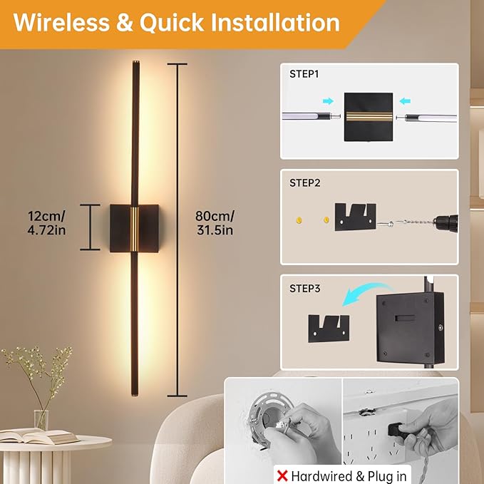 Shenmoyl Battery Operated Wall Sconce Set of 2, 10400mAh Wireless Wall Sconces, 3000K-6000K Dimmable, 350°Rotate, Indoor Wall Lights with Remote for Bedroom Living Room Bathroom, Black Gold, 31.5 Inch
