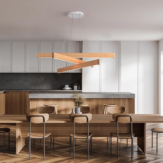 3-Light Solid Wood Natural Linear Pendant Light Modern LED Pendant Light Dimmable Chandelier for Dining Room Table Kitchen Island Living Room Ceiling - 45W Warm Light Adjustable Hanging Fixture