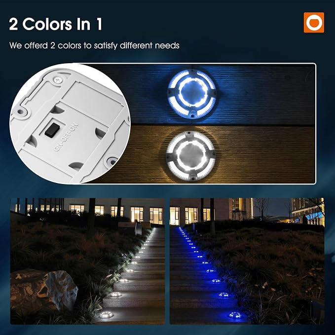 addlon Solar Driveway Lights Outdoor 8 Pack, 2 Color Modes LED Deck Dock Marine Waterproof Driveway Marker Lights for Step Sidewalk Stair Garden Pathway Walkway Yard (Blue Light/Cool White)