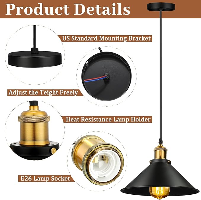 Retisee Black Industrial Pendant Light Vintage Metal E26 Base Hanging Light Rustic Dome Pendant Lamp Fixture Farmhouse Kitchen Hanging Ceiling Lamp for Dining Room Bedroom Hallway Bar (12 Pcs)