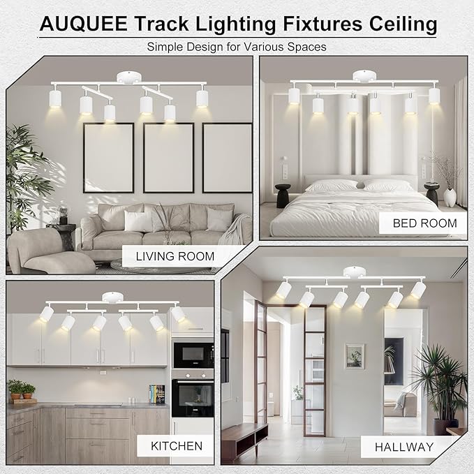 AUQUEE 6 Light Track Lighting Fixtures Ceiling, Matte White Kichen Track Lighting Fixtures with Rotatable Light Heads, Upgrade Light Poles, Modern LED Spot Lights for Kitchen/Hallway, No GU10 Bulb