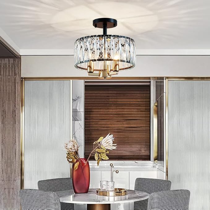 AGV LIGHTING CL003BB K9 Crystal Ceiling Light Fixture, Modern Semi Flush Ceiling Lights, Perfect for Living Room, Bedroom, Dining Room, D13 x H15, 3-Light Shine Gold & Matte Black Finish