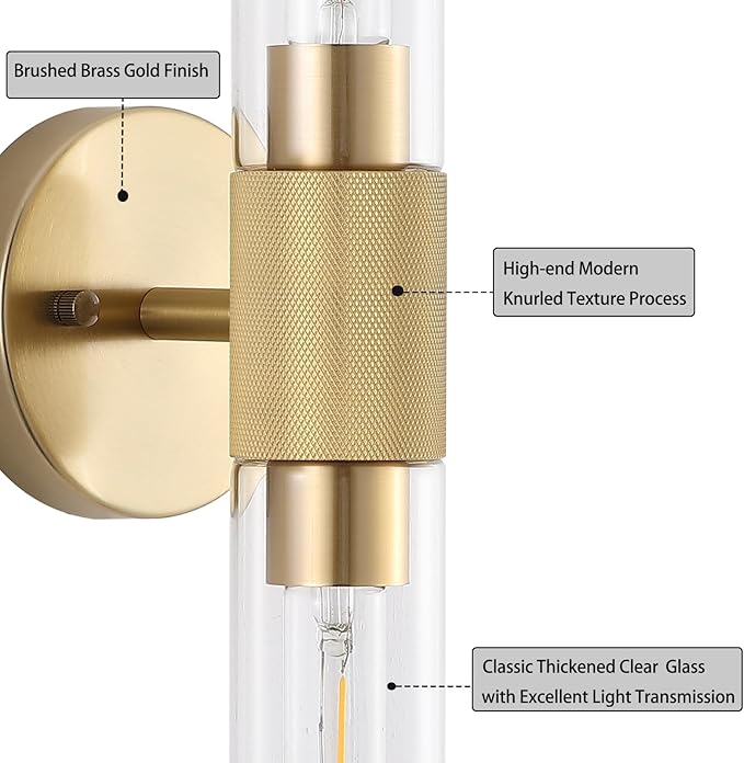 BYOLIIMA Gold Knurled Texture Wall Sconce Clear Glass Shade Modern Bathroom Vanity Light Fixtures 2-Lights Mid Century Wall Light for Mirror Living Room Hallway E26 T10 Bulbs(Excluded)