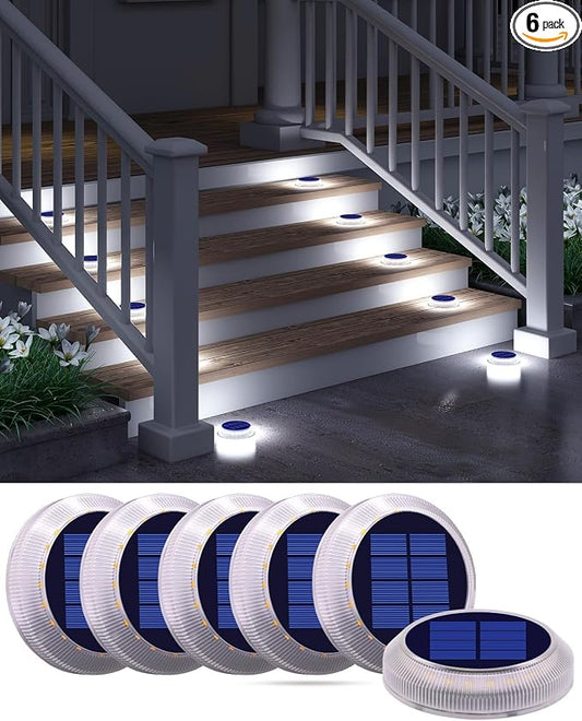 DetarZinLED Solar Deck Lights Outdoor Waterproof, 6 Pack White Round Deck Lights Solar Powered, Flat Stick on Ground Disc Light for Outdoor Pathway Driveway Step Yard Dock Walkway Patio