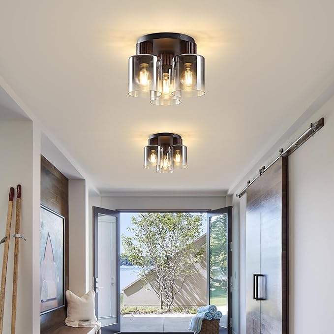 3-Lights Semi Flush Mount Ceiling Light Fixture, Matte Black Modern Close to Ceiling Light for Kitchen, Foyer, Entryway, Hallway, Dining Room, Gray Gradient Glass Shade with Walnut Wood