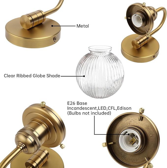 Industrial Vintage 1-Light Wall Sconce with 5.9" Round Ribbed Clear Glass Globe Lampshade, U-Shaped Indoor Wall Mounted Lamp Fixture for Bedroom Living Room Bathroom Vanity