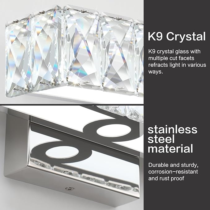 SOLFART LED Modern Bathroom Vanity Lights Over Mirror, Crystal Bathroom Light Fixtures, 40 Inch LED Chrome Vanity Light Wall Light
