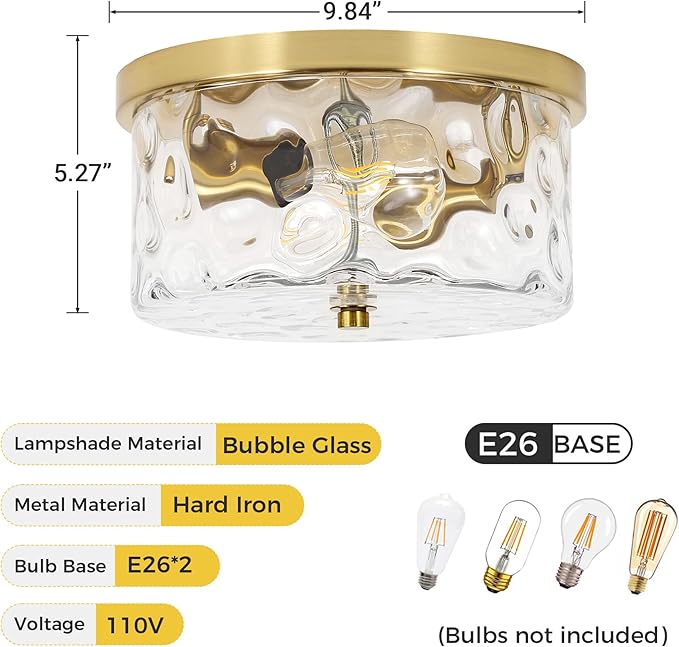 Krychiler 2-Light Flush Mount Ceiling Lights, 9.8 inch Foyer Lighting Fixtures with Ripple Glass Shade, Kitchen Lights Flush Ceiling Light Fixture for Bedroom, Island (Gold)