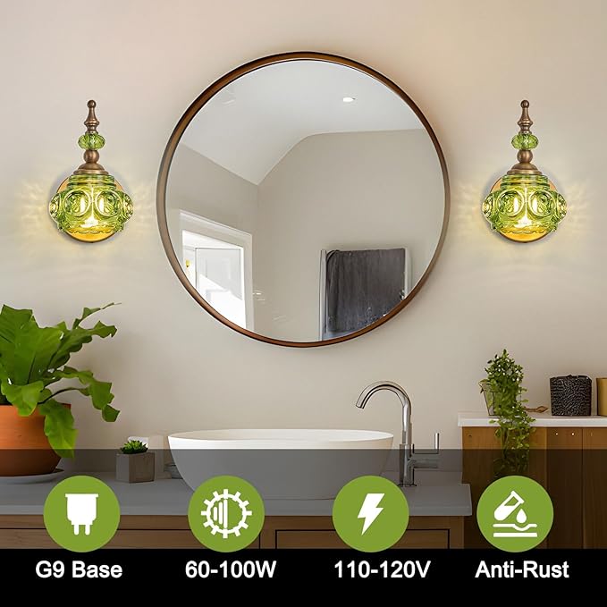 Vintage Wall Sconces Bathroom Vanity Lighting Fixtures Beautiful Wall Light with Green Glass Lampshade for Bedside Bedroom Doorway Bathroom