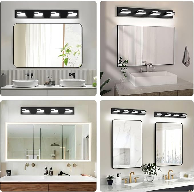 LED Modern Bathroom Vanity Light Fixtures, 4-Light 28-inch Dimmable Matte Black Vanity Lights for Bathroom Lighting Fixtures Over Mirror, with 360° Rotatable Acrylic Heads (Cool White 6000K)