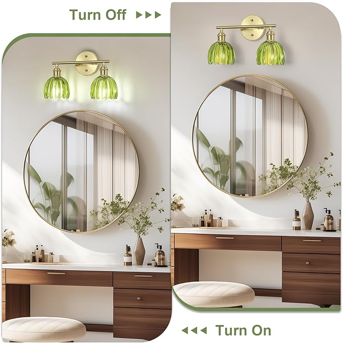 Vintage Bathroom Light Fixtures,2-Light Hardwired Vanity Lights with Green Tulip Glass Shade,Gold Bathroom Vanity Light for Mirror Restroom,E26 Socket,14.57 in(Bulbs Not Included)