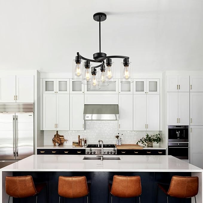 6 Light Modern Chandeliers for Dining Room,21.7" Black Hanging Light Fixture，Kitchen Pendant Lighting Over Island，Industrial Farmhouse Chandelier,Metal with Downward Clear Glass Shade