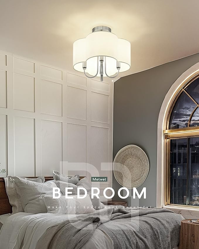 4-Light Semi Flush Mount Ceiling Light, 13.5" Vintage Light Fixtures Ceiling Mount with Fabric Shade in Quatrefoil for Kitchen Entryway Hallway Bedroom, Brushed Nickel, SM179-BN