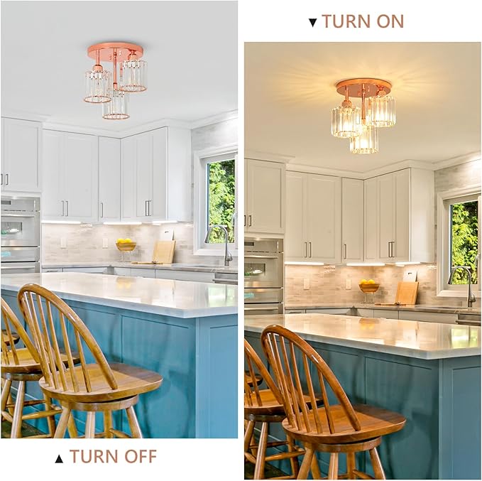 Crystal Semi Flush Mount Ceiling Light,3-Light Modern Kitchen Lighting Fixtures,Rose Gold Dining Room Light Fixture with Clear Crystal Shade，Ceiling Light Fixture for Bedroom Bathroom