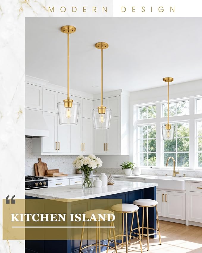 Pendant Lights Kitchen Island, 8" Brushed Gold Hanging Light Fixtures with Clear Glass Shade, Modern Kitchen Pendant Lighting Over Island for Dining Room, AD-22004-1PL-GD-C