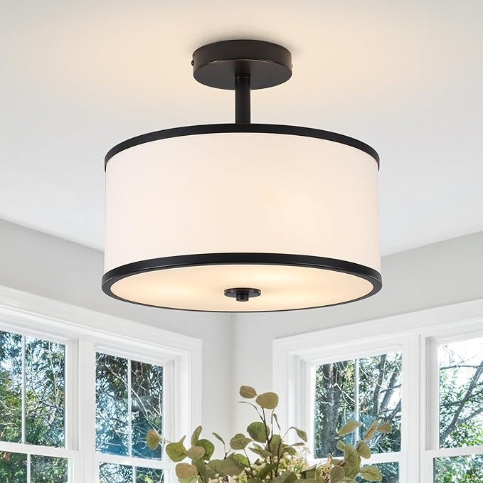 BUXVRCS Semi Flush Mount Ceiling Light Fixture, 3-Light Drum Lighting Fixtures, Hallway Light Fixture Ceiling Mount with Fabric Shade, Close to Ceiling Light for Bedroom Bathroom (Black)