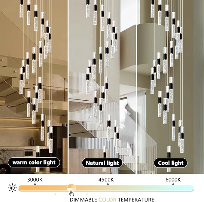 High Ceiling Chandelier 20-Lights Dimmmable Modern Crystal Staircase Chandelier Light Fixutres with Remote for Foyer