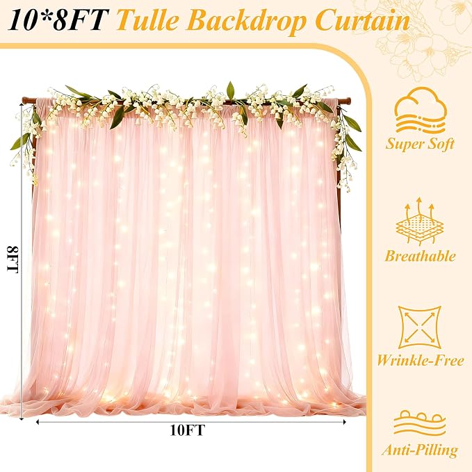 Ledido 10×8ft Pink Tulle Backdrop Curtains with Lights String - 300LED Fairy Lights Sheer Curtain Backdrop for Wedding Baby Shower Photo Shoot Birthday Party Decoration(2 Panels 5×8ft)，Pink